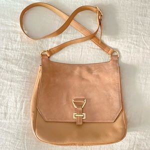 Blush suede and pebbled leather shoulder bag by NINE WEST
